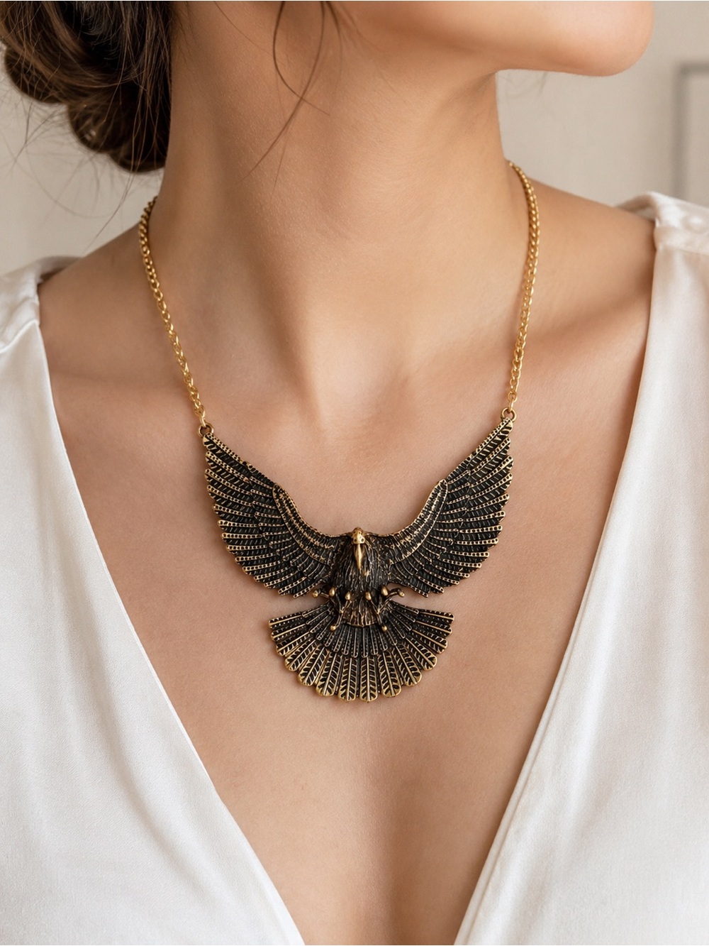 Statement Eagle Pendant Necklace – Gold Tone & Black